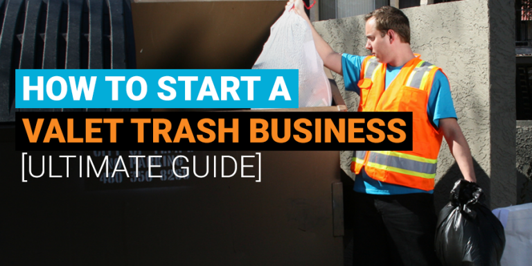 valet trash employee putting trash bags into dumpster